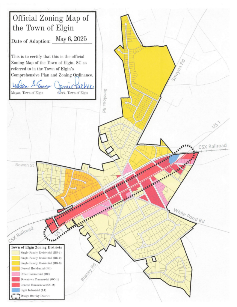 Color-coded zoning map of Elgin, SC, labeled by district and dated May 6, 2025, featuring official signatures and prepared by the Elgin Planning and Zoning Commission.