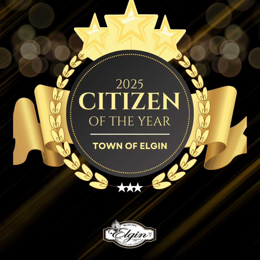 Gold laurel wreath badge with three stars, reads 2025 Citizen of the Year, Town of Elgin on a dark background.