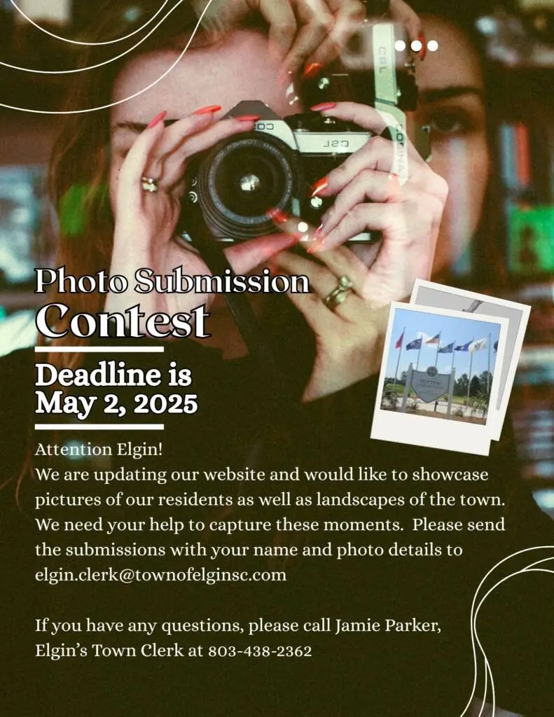 Person holding a camera; text invites Elgin residents to submit photos for a website by May 2, 2025.