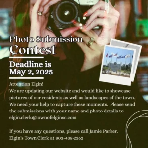 A person holding a camera. Photo contest details and contact info are displayed, with a deadline of May 2, 2025.