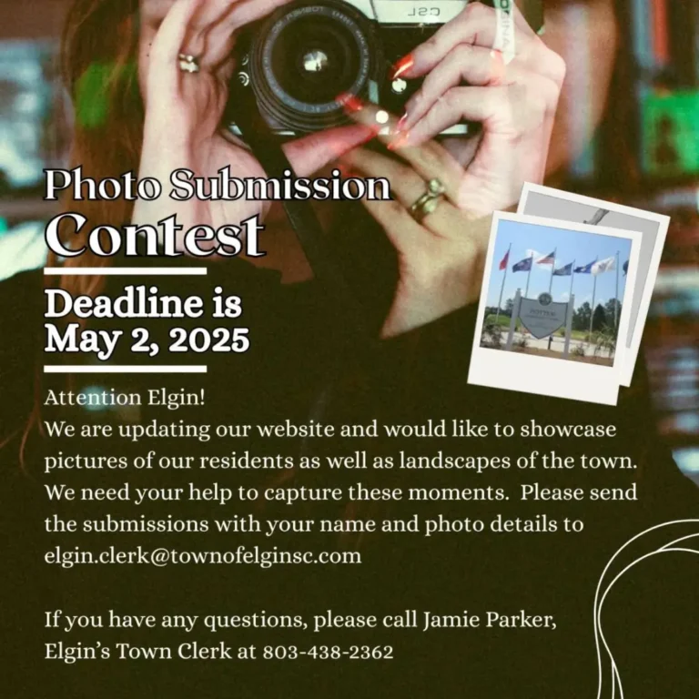 A person holding a camera. Photo contest details and contact info are displayed, with a deadline of May 2, 2025.