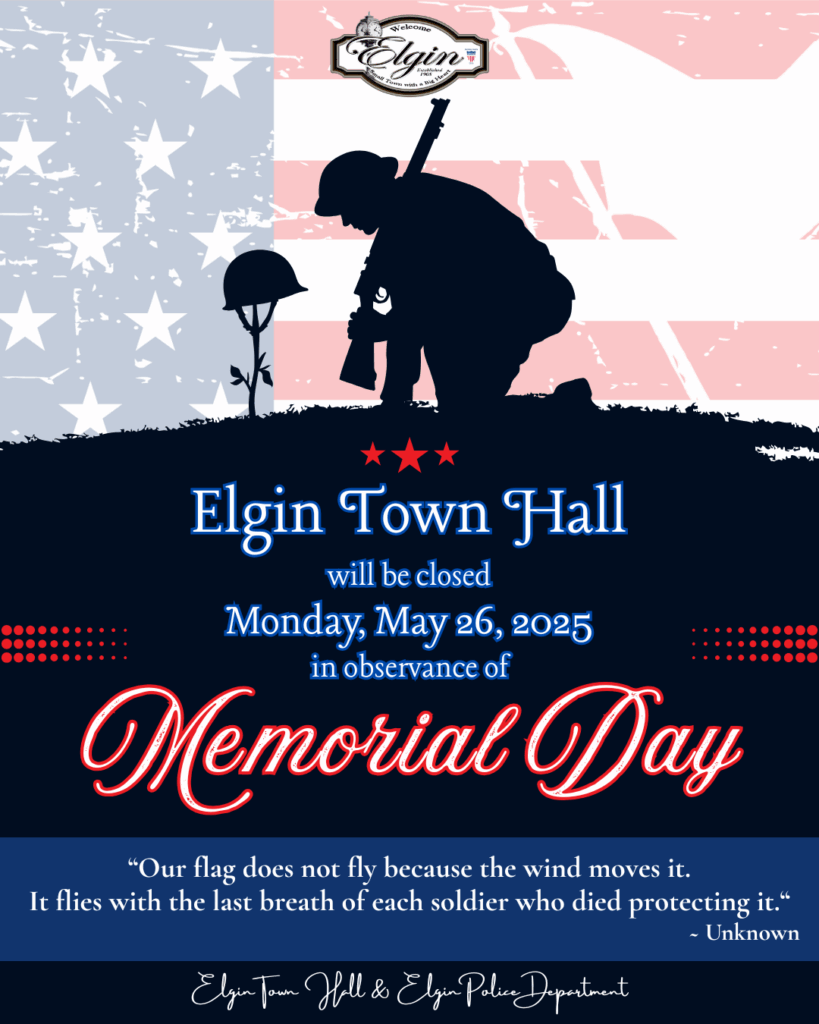 Silhouette of a soldier kneeling at a grave with a helmet, against a U.S. flag background, for Memorial Day closure.