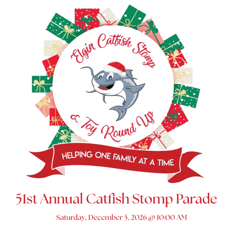 Logo for the 51st Annual Catfish Stomp Parade and Toy Round Up on December 5, 2026, at 10:00 AM.
