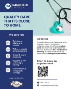 A flyer for Sandhills Medical offers healthcare services and a QR code to book an appointment.