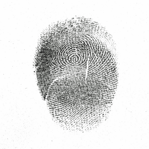 Black ink fingerprint on white background, showing detailed ridges and loops in a circular pattern.