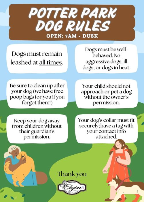 Illustrated sign listing Potter Park dog rules, with dog images and guidance for pets and owners at the park.